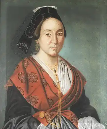 一位身穿红色披肩、戴着金项链的女士 – 法国学派——19世纪