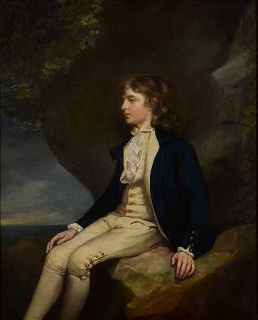 雷纳船长的肖像，R.N.，坐在岩石的河岸上，穿着海军少校的制服 – 詹姆斯·诺斯科特·R.A。