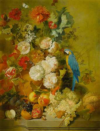 窗台上鲜花和水果的静物画，还有一只蓝黄相间的鹦鹉 – 简·范奥斯的态度