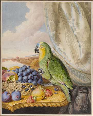 一只鹦鹉吃着一碗葡萄、李子、桃子和草莓，远处是河流景观 – 威瑟斯奥古斯塔酒店