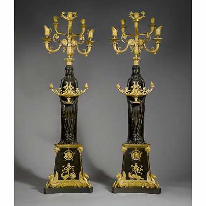 约1805年，一对帝国镀金镀铜六光烛台，采用加勒风格 – 大约1805年，一对帝国镀金镀铜六光烛台