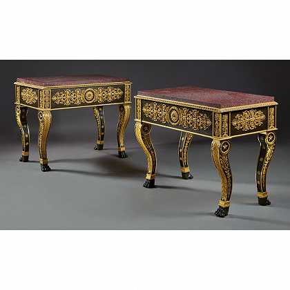 19世纪初，一对帝国镀金和镀铜的贾迪尼尔（Jardiniere）现在被用作中央桌子 – 一对帝国镀金镀锡青铜JARDINIERES-NOW-FITTED-AS-CENTRE-TABLES-19世纪初
