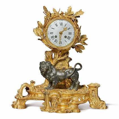 路易十五晚期镀金镀金铜质壁炉架钟，表壳为18世纪第三季度 – 路易十五晚期镀金镀铜壁炉架18世纪第三季度时钟