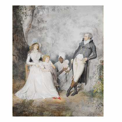 庭院中一个优雅家庭的肖像 – 瑞士或法国学校约1790年