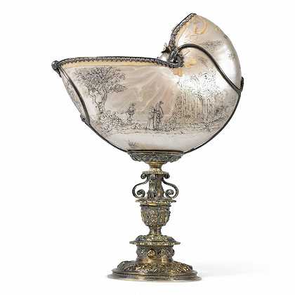 荷兰银制鹦鹉螺杯，17世纪下半叶的贝壳，阿姆斯特丹贝勒金家族的圆圈，16世纪晚期的茎和脚 – 17世纪后半叶荷兰银装鹦鹉螺杯贝勒金家族16世纪晚期