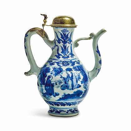 17世纪中期，一只带有大陆镀银底座的中国青花瓷壶 – 中国青花瓷水壶大陆银镀金山17世纪中期