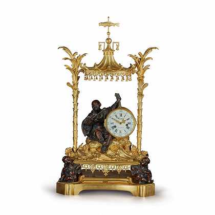 大约1790年，路易十六晚期的镀金镀金青铜中国风格壁炉架钟，后来又增加了镀金青铜凹面底座 – A-LATE-LOUIS-XVI-GILT-AND-PATINATED-brown-CHINOISERIE-MANTEL-CLOCK-CIRCA-1790-THE-GILT-brown-凹面-BASE-ADDED-LATER