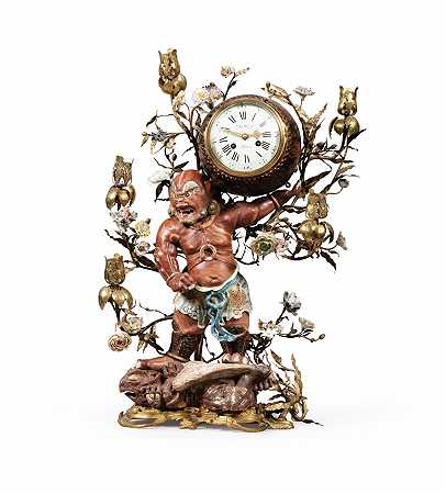 19世纪，路易十五风格的镀金青铜镶嵌日本瓷器和上漆木钟，形成大烛台 – A-Louis-XV-style-gilt-Brown-mounted-Japanese-Cellar-and-Laquer-wood-clock-forming-candelabra-19世纪
