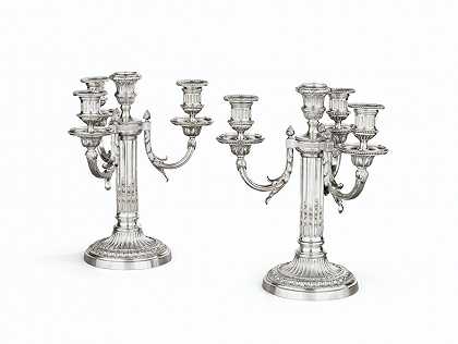 一对路易十六风格的银色青铜四灯烛台，法国，约1900年 – 路易十六风格的四灯烛台对-法国-约1900年