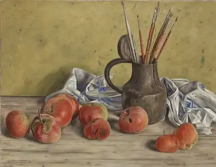 苹果、画笔和水罐静物画 – 艾美-巴罗