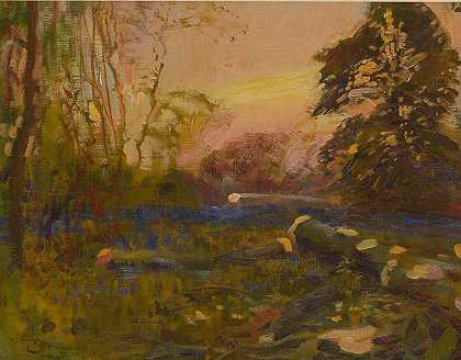 日落时的林地景观 – 阿尔弗雷德·詹姆斯·蒙宁斯爵士-P.R.A.-R.W.S-