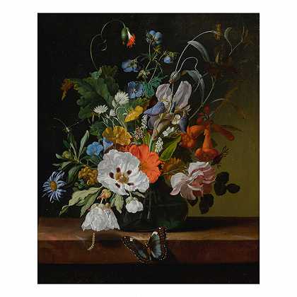 静物画，花瓶里有花，窗台上有蜻蜓、毛虫和蝴蝶 – 雷切尔·鲁伊斯