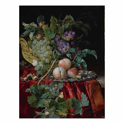 静物画：篮子里放着葡萄，银盘子里放着桃子，枸杞子，两只蝴蝶，一只苍蝇和一只蜗牛，所有的一切都在一块红色的天鹅绒布上，覆盖在一个部分悬垂的窗台上 – 威廉·范·威尔斯