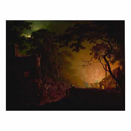 夜间失火的小屋 – 德比A.R.A.的约瑟夫·赖特。