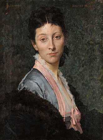 一位女士的肖像，B女士。。。，半身，穿着带粉色缎带的蓝色连衣裙，裹着毛皮 – 朱尔斯-埃利-德洛奈–