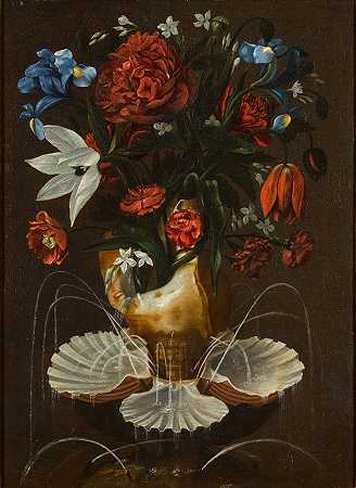 贝壳喷泉中的牡丹、康乃馨、蓝鸢尾和其他花朵的静物画 – 安东尼奥·庞塞–