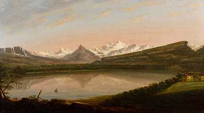 日内瓦湖（LAKE GENEVA）的美景，有萨尔夫山（MONT SALÈVE）和勃朗峰（MONT BLANC） – 埃德蒙·加维·R.A–