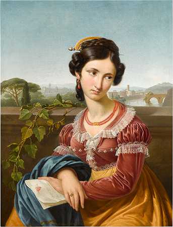 保丽娜的肖像，坐在罗马和台伯河对岸的半身 – 查尔斯-皮克–