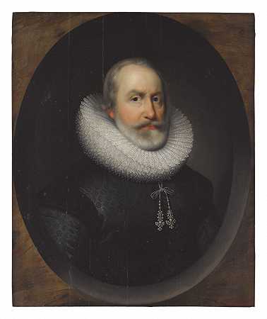 一位绅士的肖像，半身长，画成椭圆形 – 科尼利厄斯-约翰逊-
