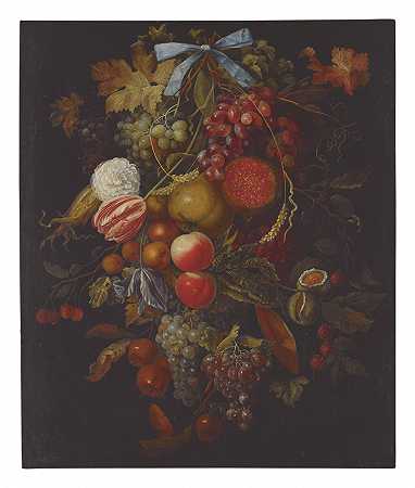 挂在树枝上的水果和花朵的静物画，包括葡萄、桃子、无花果、玉米、石榴、康乃馨和郁金香 – 雅各布·罗丢斯之圈-