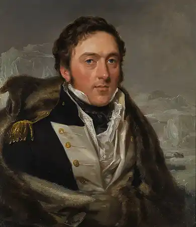 R.N.查尔斯·帕尔默中尉的肖像，穿着海军制服，穿着海豹皮大衣，远处的北极风景 – 约瑟夫·艾伦