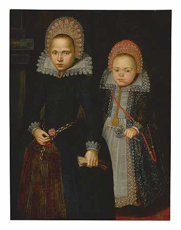 两个孩子的肖像，全长，一个拿着手套，另一个拿着银色刺绣拨浪鼓 – 荷兰学校——17世纪早期-