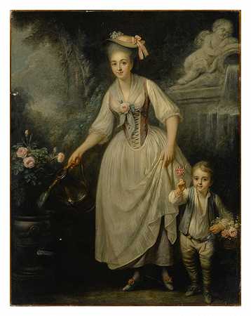 一位女士的肖像，据说是崔瑟尔公爵夫人，和一个男孩在花园里 – 归因于JEANNE-PHILIBERTE-LEDOUX-