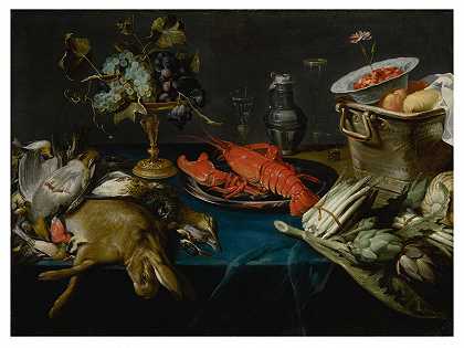 静物画：银盘上的龙虾、死兔子和其他猎物、镀银塔扎上的蓝白葡萄、朝鲜蓟、芦笋、铜桶里装着草莓的万里克拉克碗，所有这些都安排在一张铺着蓝色天鹅绒布的桌子上 – 法国斯尼克工作室-
