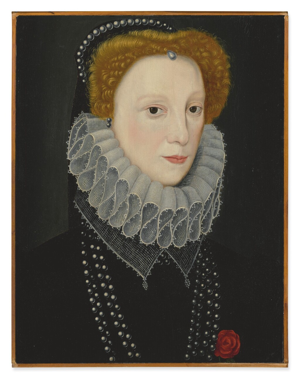 埃塞克斯伯爵夫人和莱斯特伯爵夫人莱蒂斯·诺利斯（LETTICE KNOLLYS，1543-1634）的肖像，胸围长，黑色紧身上衣，蕾丝褶边和珍珠装饰的帽子 – 乔治·高尔的圈子-
