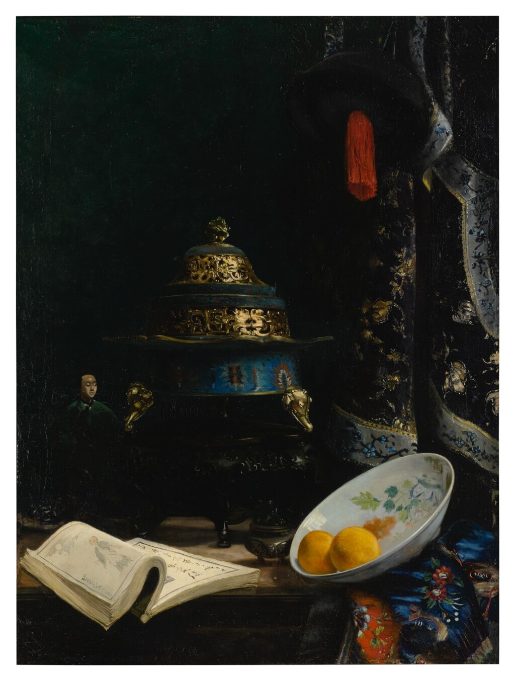 静物画以18世纪的中国香炉、搪瓷盘和清代朝臣帽为特色 – E.A.-德斯兰男爵-