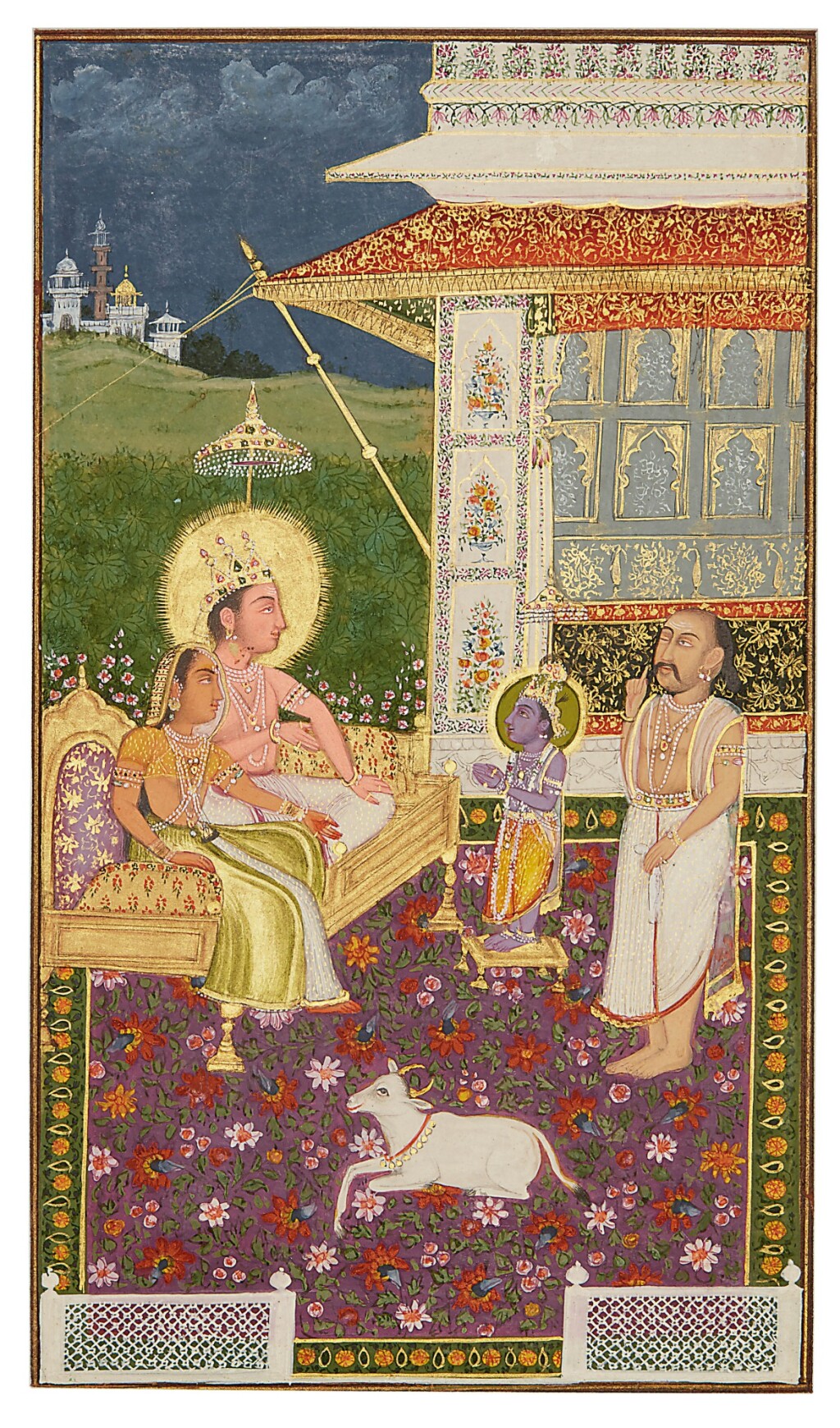 约1800年，印度德里，一幅描绘毗湿奴勋爵在瓦玛纳化身和国王马哈巴里和舒克拉查里亚的插图 – AN-ILLUSTRATION-description-LORD-VISHNU-IN-HIS-VAMANA-AVATARA-AND-KING-MAHABALI-AND-SHUKRACHARYA-INDIA-DELHI-CIRCA-1800