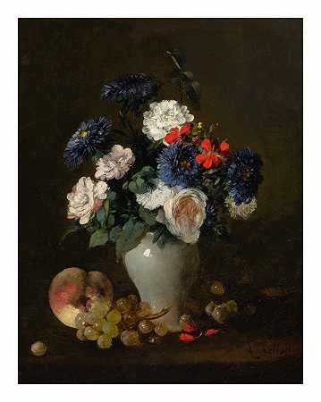 花瓶里放着各种各样的花，桌上放着葡萄和桃子 – 安托万·沃伦