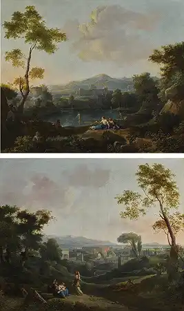 罗马竞技场和其他罗马纪念碑的古典景观；一幅古典的风景画，人物在湖前休息，远处是一座城堡 – 简-弗兰斯-范-弗劳尔斯-叫奥里佐特