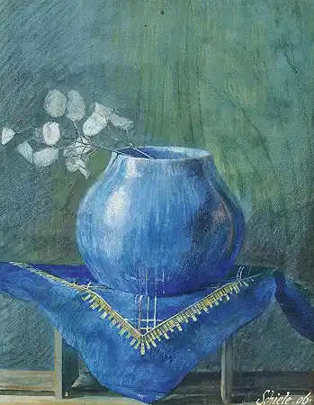 蓝色花瓶里的摇钱树树枝的静物画（蓝色花瓶里的摇钱树树枝的静物画） – 埃贡-希勒