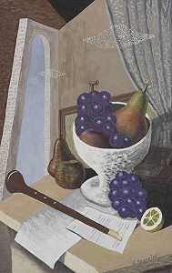 《带管乐器和水果杯的静物画》（1928-29） by Gino Severini