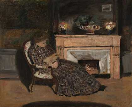 马莱克，画家的妻子和他的猫（未知）坐在椅子上 by Albert André