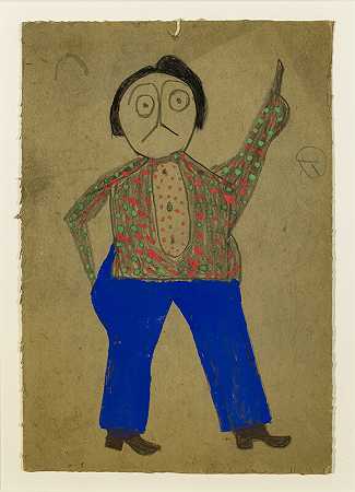 身穿绿色和红色斑点衬衫的墨西哥男子（约1939-1942年） by Bill Traylor