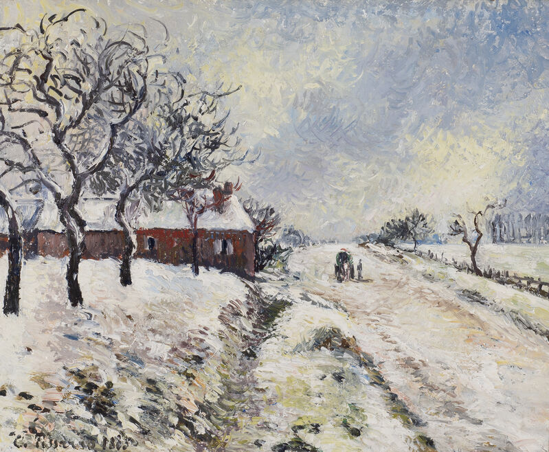 Eragny（1885年）附近带房子的白雪路 by Camille Pissarro