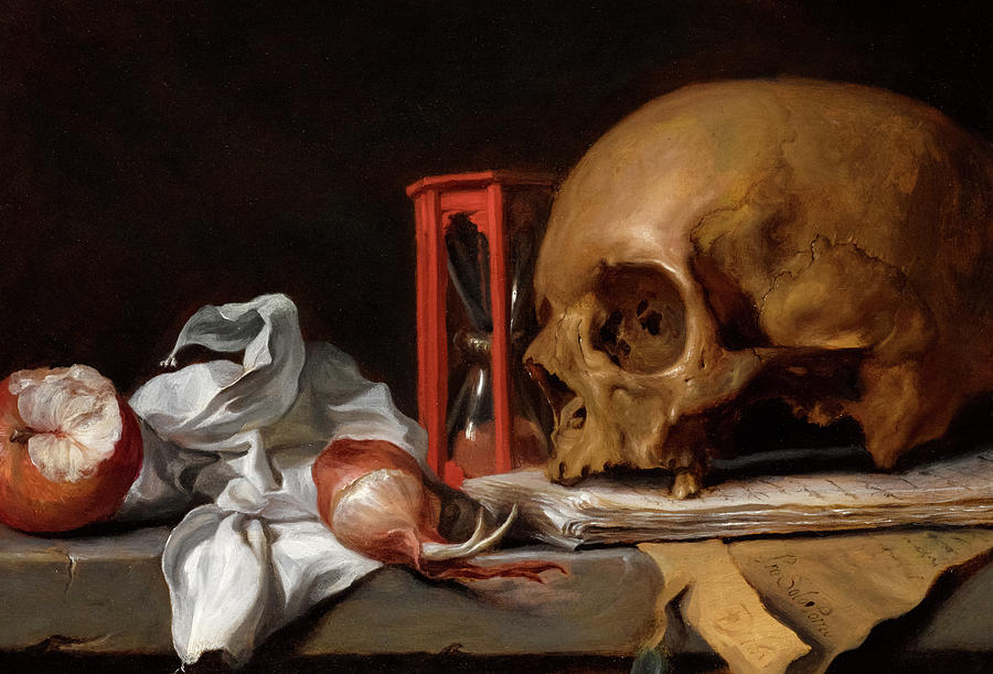 瓦尼塔斯的静物画上有头骨、沙漏、洋葱和一个苹果`A Vanitas Still life with a Skull, and an Hourglass, an Onion and an Apple on a Stone Ledge by Old Master