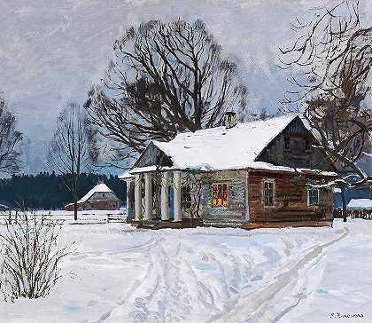 冬天黄昏的乡间别墅`Country House at Dusk in Winter by Stanislav Zhulovsky