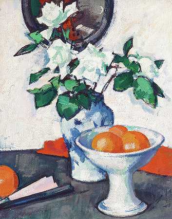 白玫瑰，1924年`White Roses, 1924 by Samuel John Peploe