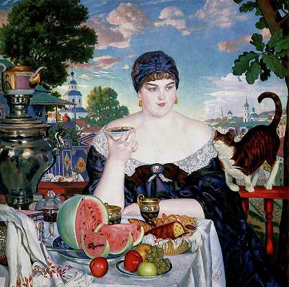 商人的妻子在喝茶`Merchant\’s Wife at Tea by Boris Kustodiev