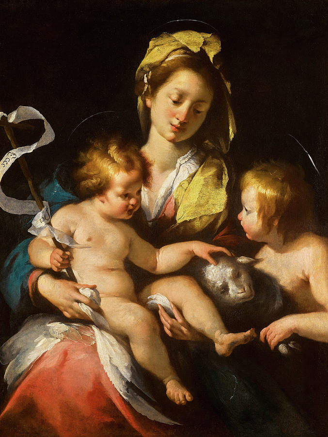 麦当娜和孩子与婴儿圣约翰浸信会`Madonna and Child with the infant Saint John the Baptist by Bernardo Strozzi