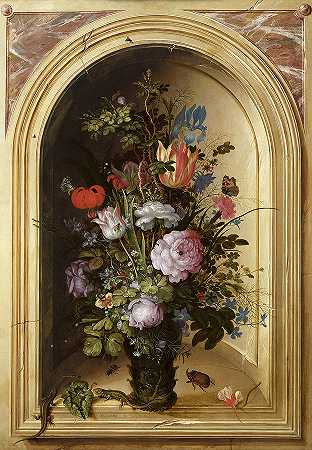 石龛中的花瓶，1615年`Vase of Flowers in a Stone Niche, 1615 by Roelant Savery