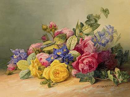 《带花的静物》，1870年`Still Life with Flowers, 1870 by Francois Charette