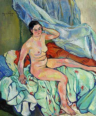 裸体坐在床上，1929年`Nude Seated On A Bed, 1929 by Suzanne Valadon