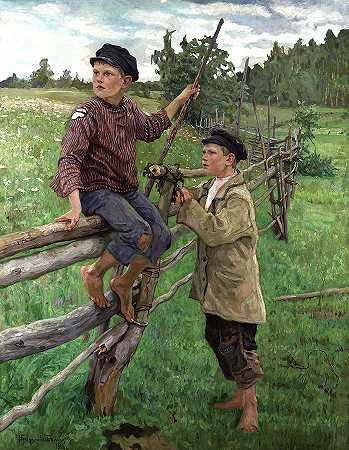 乡村男孩`Country Boys by Nikolay Bogdanov-Belsky