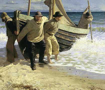 下水，斯卡根`Launching the Boat, Skagen by Oscar Bjork