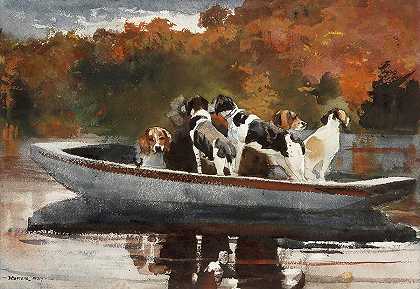 船上猎狗`Hunting Dogs in Boat by Winslow Homer