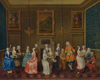 圣詹姆斯哈灵顿勋爵之家的茶话会`Tea Party at Lord Harrington\’s House, St. James\’s by Charles Phillips